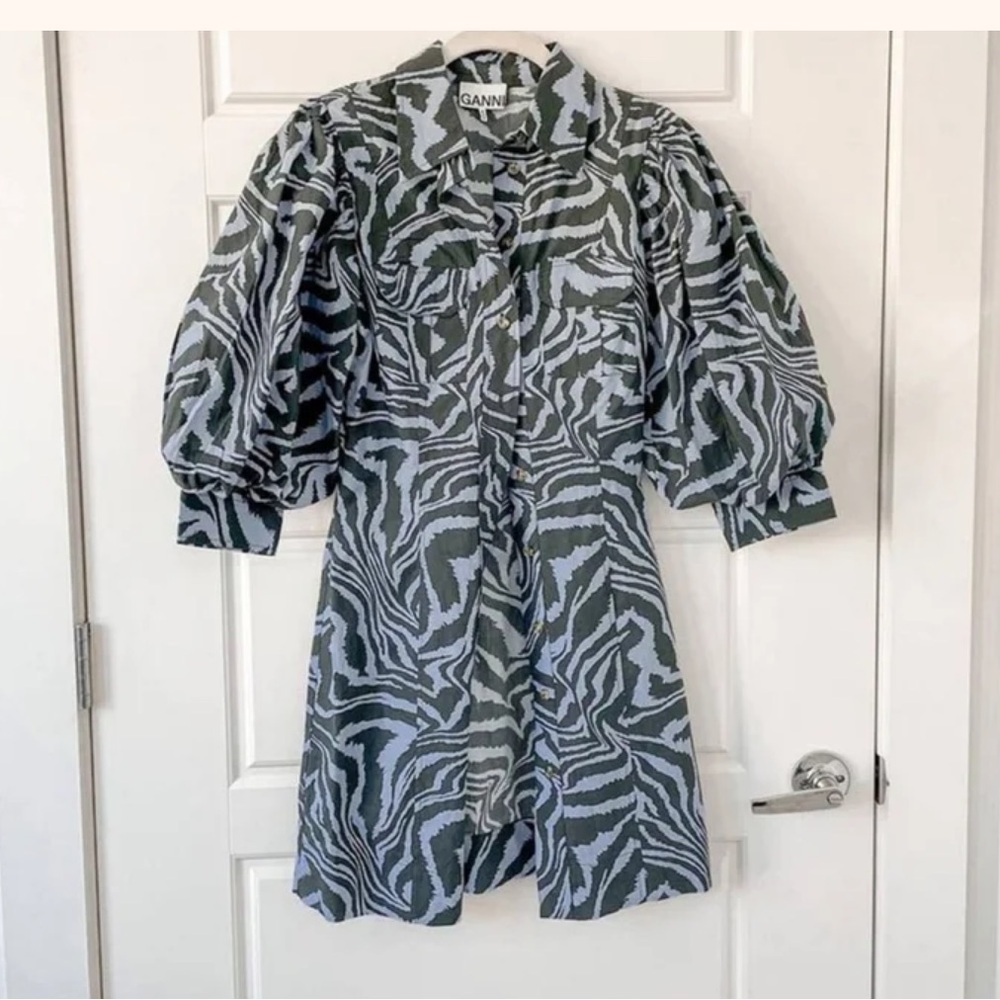 Ganni Blue Black Zebra Animal Print Puff Sleeve Mini Dress Size Small - Picture 10 of 11